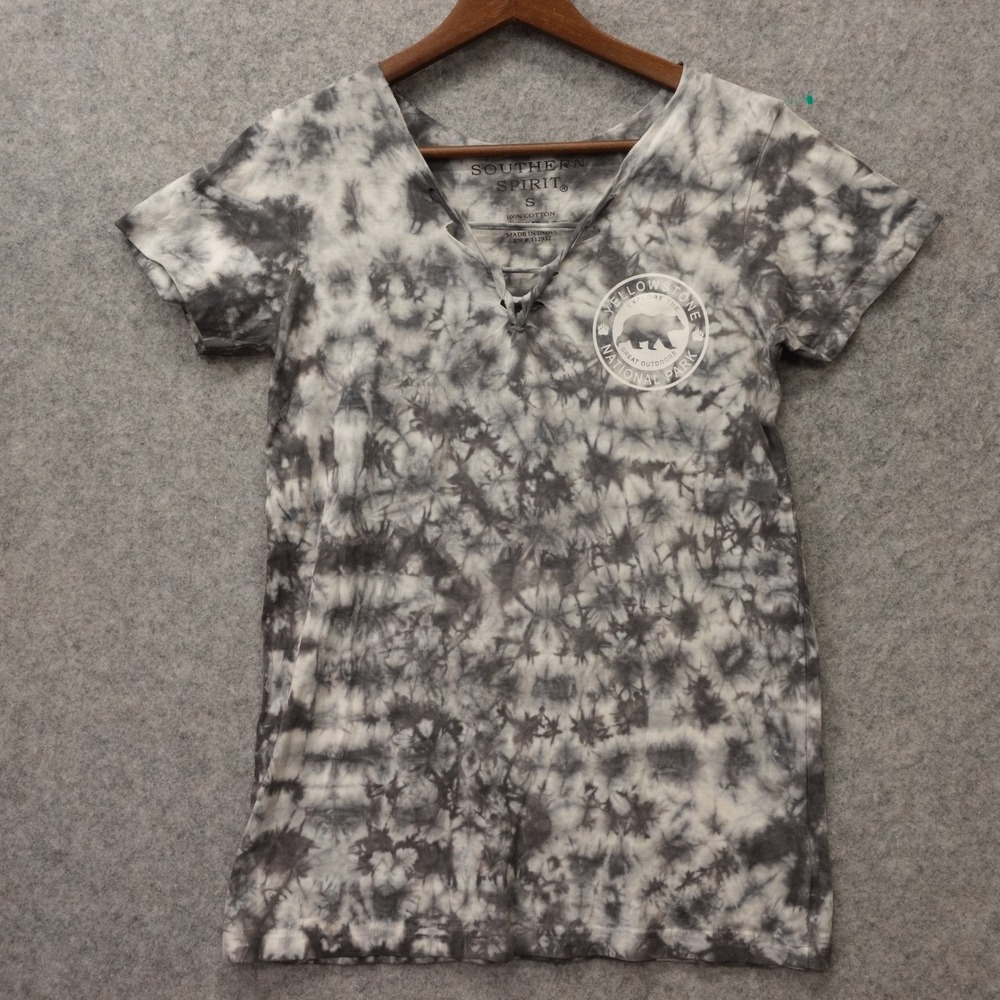 Yellowstone National Park T Shirt Womens S Gray 90s Indie Grunge Tie Dye Lace Up
